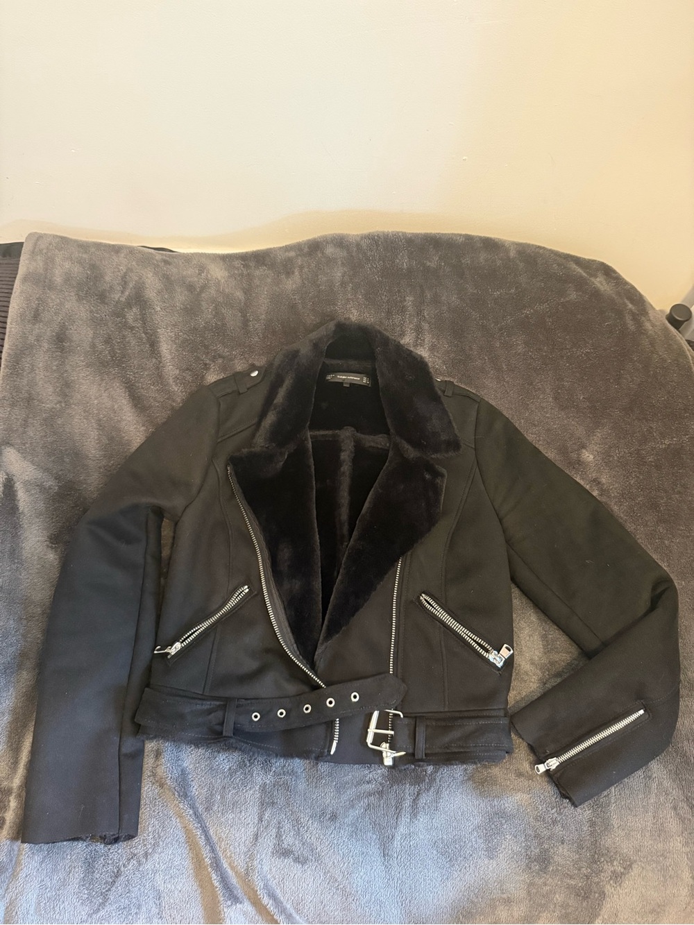 Zara Black Faux Fur-Trim Moto Jacket with Belt
